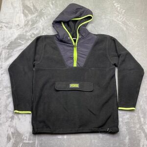 PINK by Victoria's Secret Black Fleece Pullover Hoodie‎ Neon Yellow Zip Pocket M